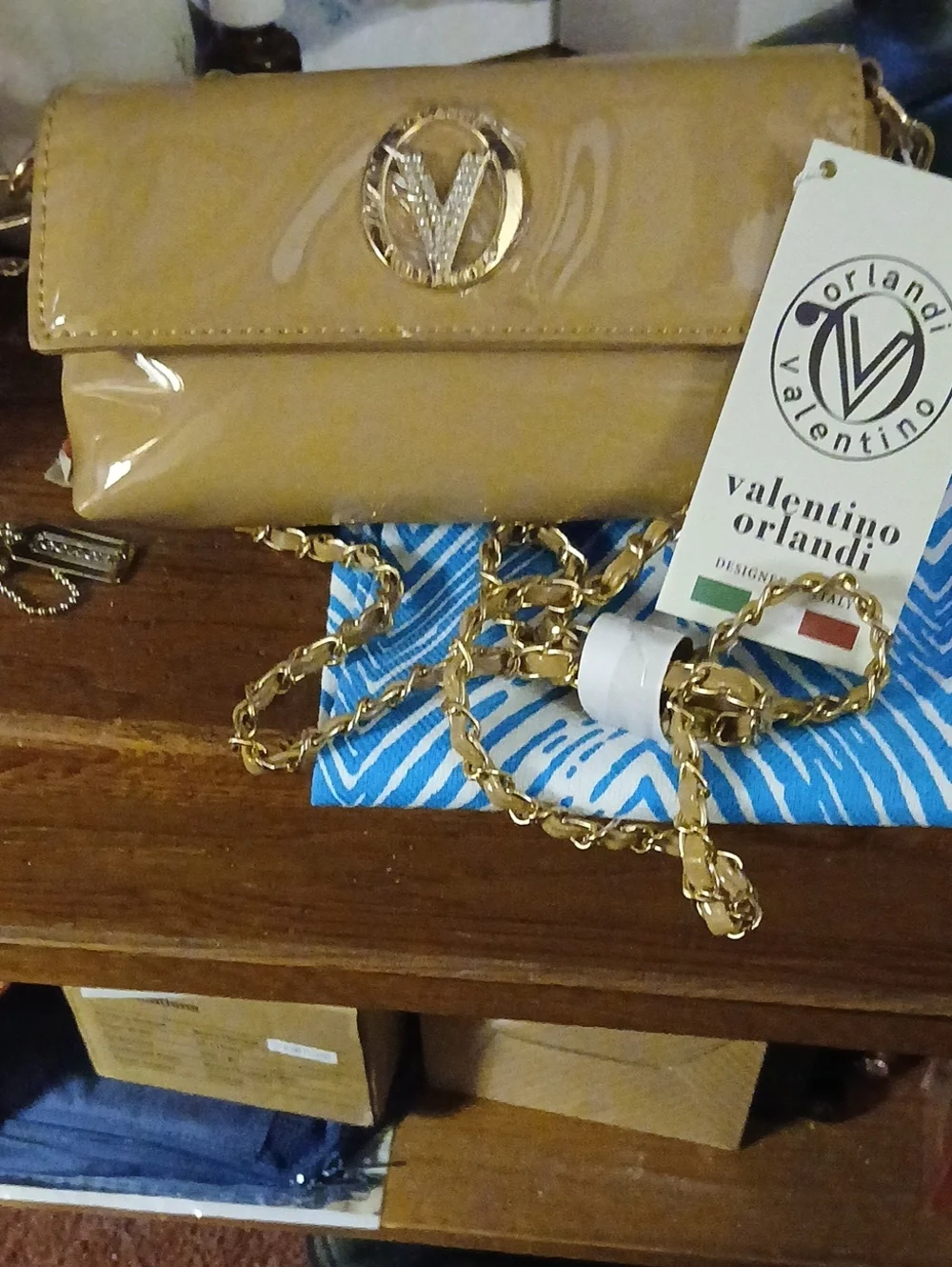 Valentino Orlandi Tan Patent Crossbody Bag with Gold Chain